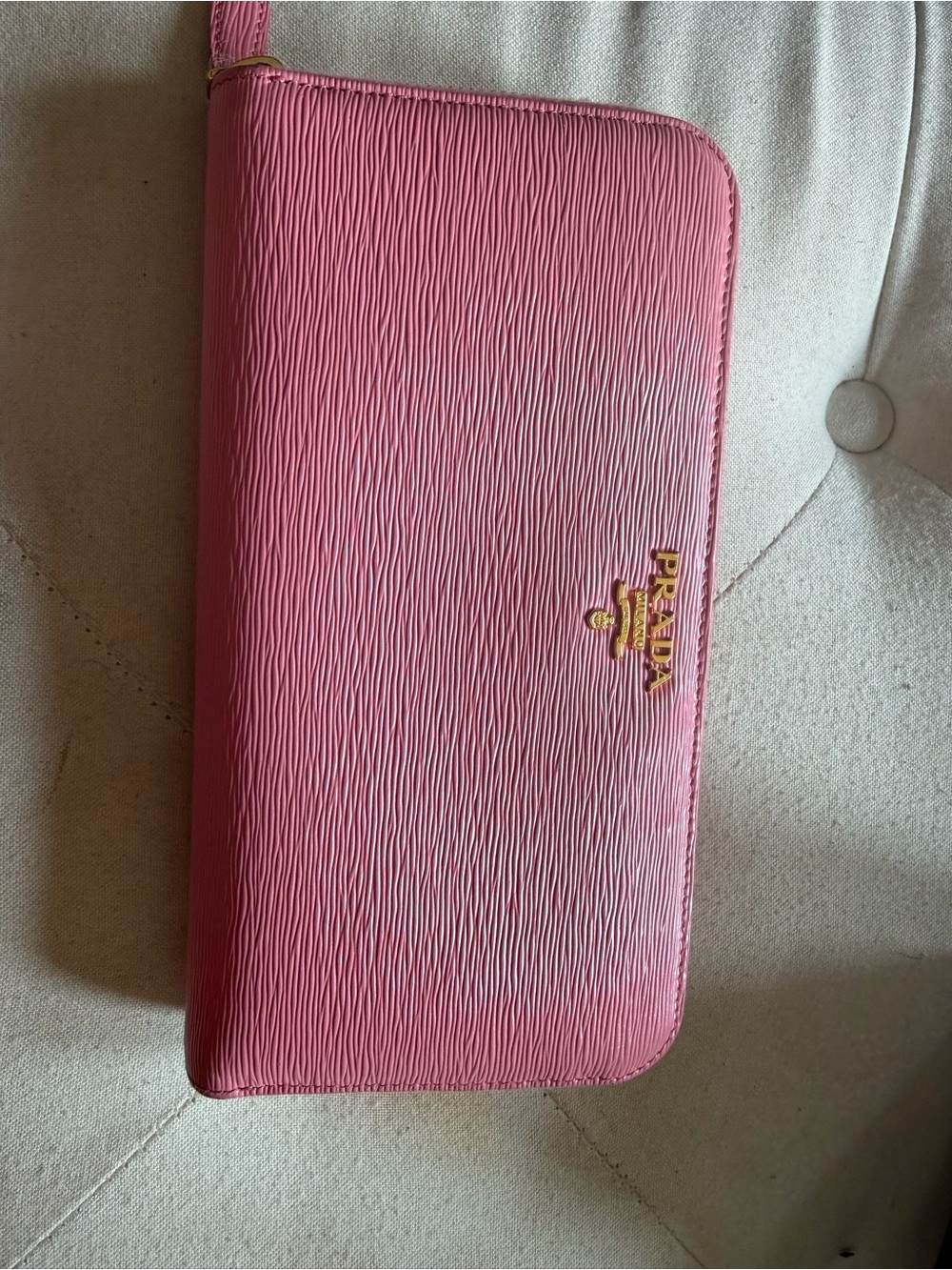 Authentic Prada Pink Textured Zip Wallet with Gold Logo